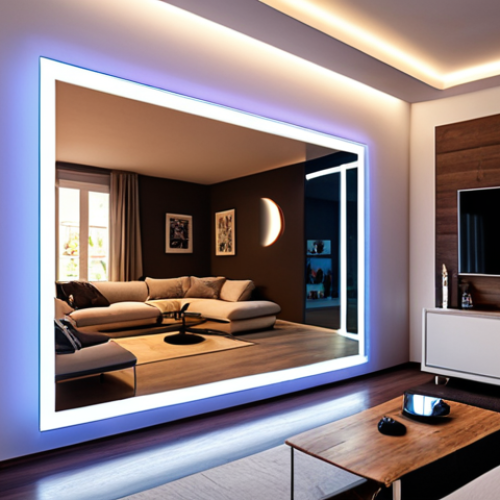 Home 4 **Prompt:** A futuristic living room in Portugal. Smart home features seamlessly integrated: automated lighting adjusting ambiance, a virtual assistant interface subtly overlaid on a mirror, and energy-efficient devices, showcasing the IoT benefits in a modern Portuguese home.
