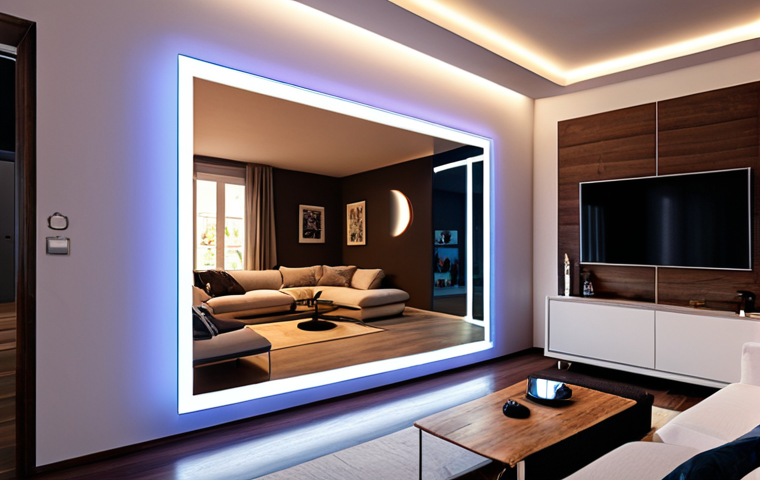 **Prompt:** A futuristic living room in Portugal. Smart home features seamlessly integrated: automated lighting adjusting ambiance, a virtual assistant interface subtly overlaid on a mirror, and energy-efficient devices, showcasing the IoT benefits in a modern Portuguese home.
