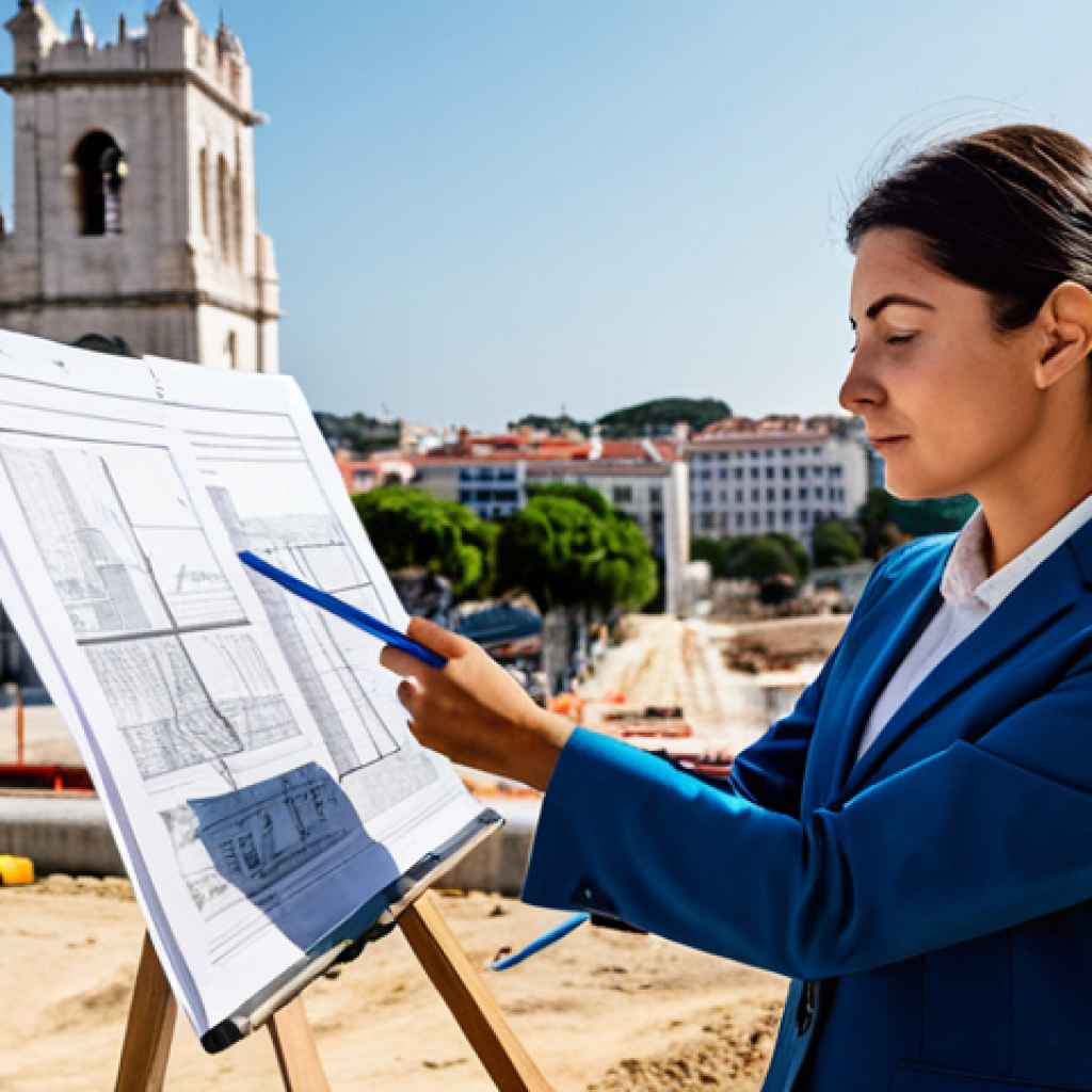 **
A professional architect, fully clothed in a stylish yet modest outfit (pantsuit), reviewing blueprints at a construction site in Lisbon. The Jerónimos Monastery is visible in the background. Appropriate attire, safe for work, perfect anatomy, correct proportions, natural pose, well-formed hands, proper finger count, professional photography, high quality, family-friendly.
**