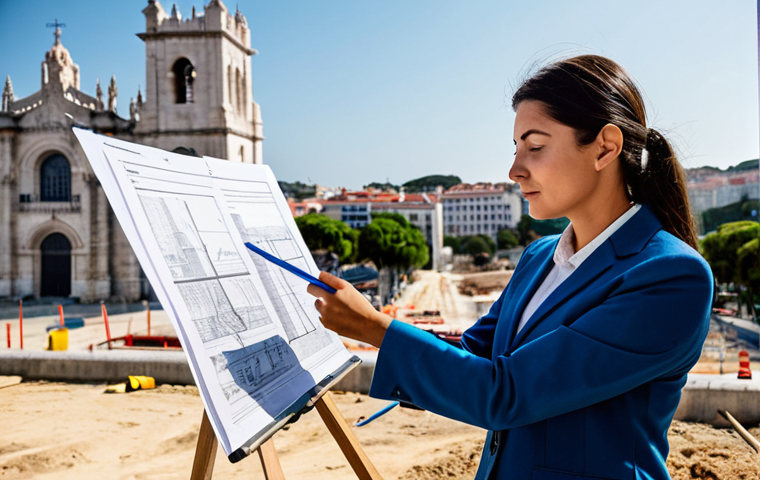**
A professional architect, fully clothed in a stylish yet modest outfit (pantsuit), reviewing blueprints at a construction site in Lisbon. The Jerónimos Monastery is visible in the background. Appropriate attire, safe for work, perfect anatomy, correct proportions, natural pose, well-formed hands, proper finger count, professional photography, high quality, family-friendly.
**