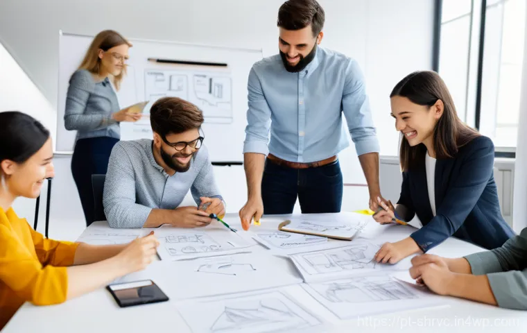 서비스 디자인 사고를 통한 내부 프로세스 개선 방안 - **Prompt:** A diverse group of fully clothed professionals in a bright, modern office are actively e...