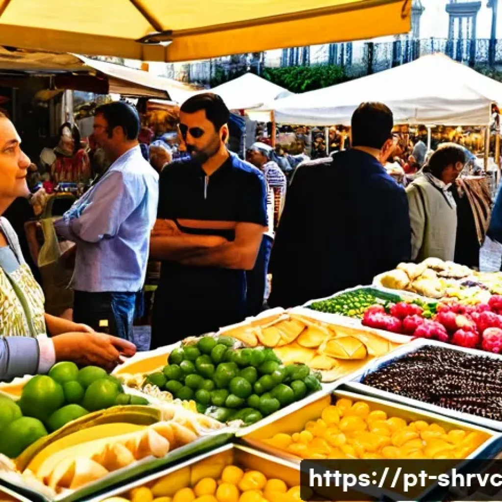 서비스 디자인 사고의 프로세스 단계 - **Empathy in a Historic Lisbon Market**
A vibrant, sunlit image capturing a diverse group of ser...