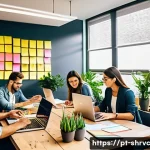 Home 22 서비스 디자인 사고 적용 사례 분석 - A modern Brazilian startup office scene showing a diverse team of young professionals collaborating ...