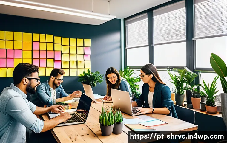 서비스 디자인 사고 적용 사례 분석 - A modern Brazilian startup office scene showing a diverse team of young professionals collaborating ...