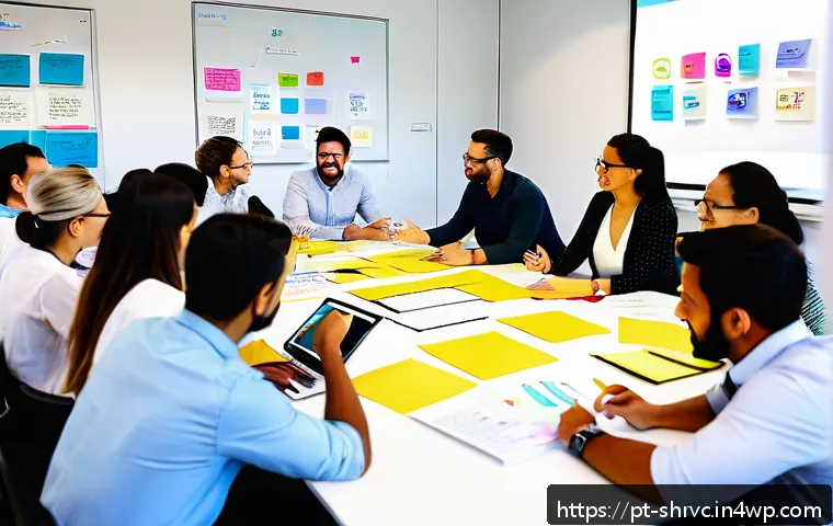 서비스 디자인 사고 워크숍 진행하기 - A vibrant and diverse multidisciplinary team engaged in a dynamic workshop setting, collaborating ar...