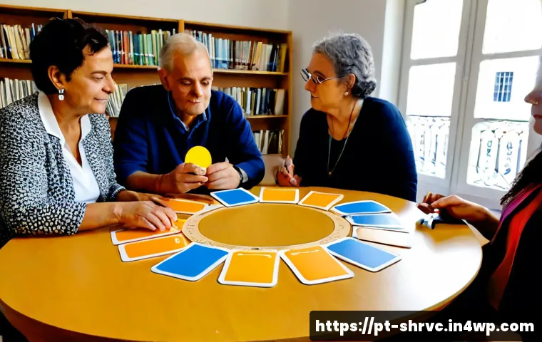 서비스 디자인 사고의 혁신적인 사례들 - Photorealistic service design workshop in a bright Lisbon community library, diverse Portuguese adul...